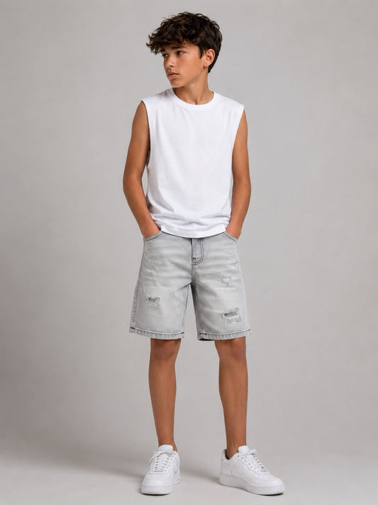 Bermuda grigio chiaro in jeans con strappi 10-16 anni