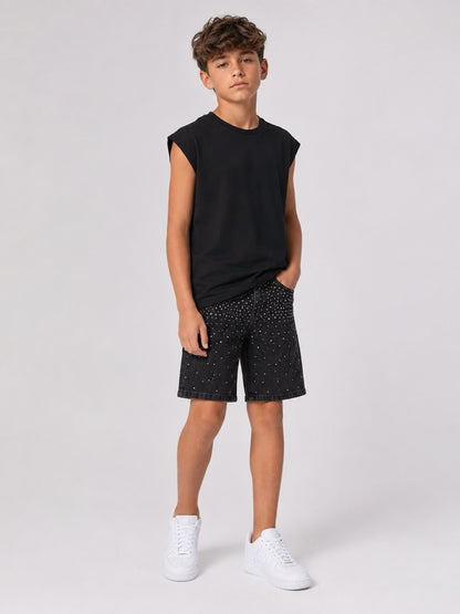 Bermuda nero in jeans con strass brillantinati 10-16 anni