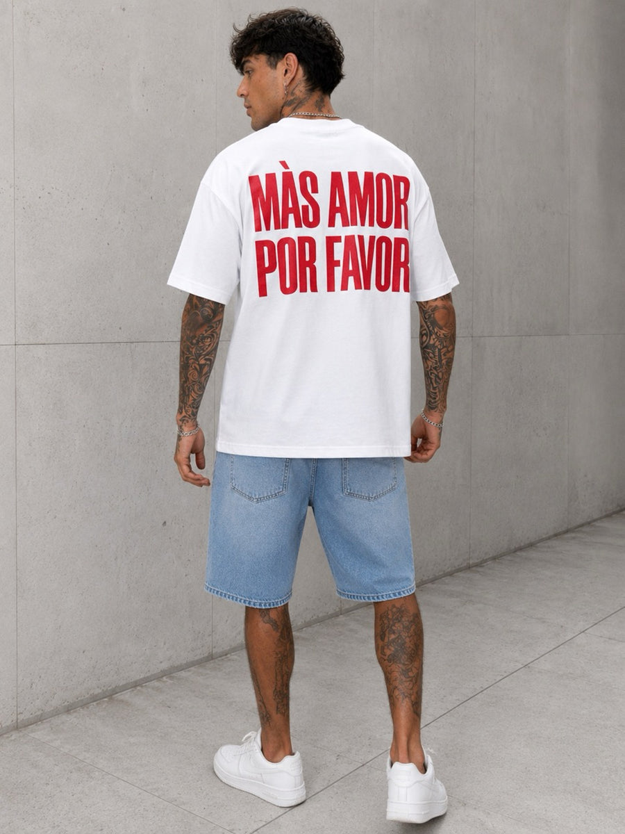 T-shirt bianca oversize con stampa retro MÁS AMOR POR FAVOR