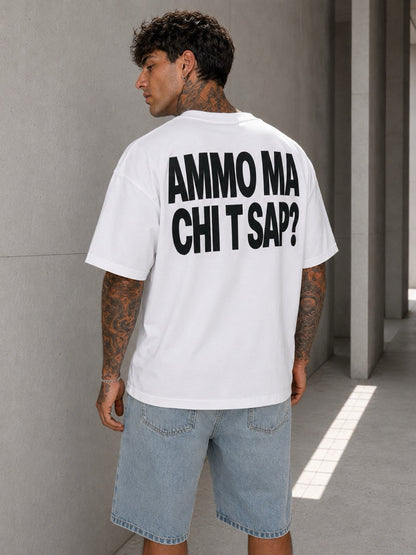 T-shirt bianca oversize con stampa retro AMMO MA CHI T SAP?