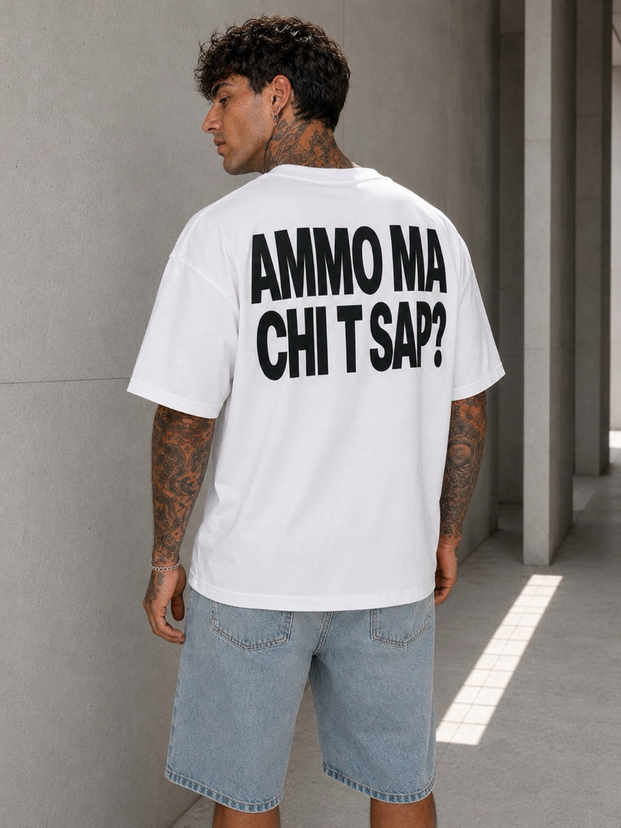 T-shirt bianca oversize con stampa retro AMMO MA CHI T SAP?