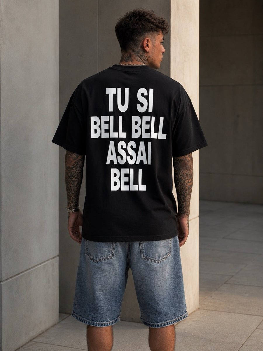 T-shirt nera oversize con stampa retro TU SI BELL BELL ASSAI BELL