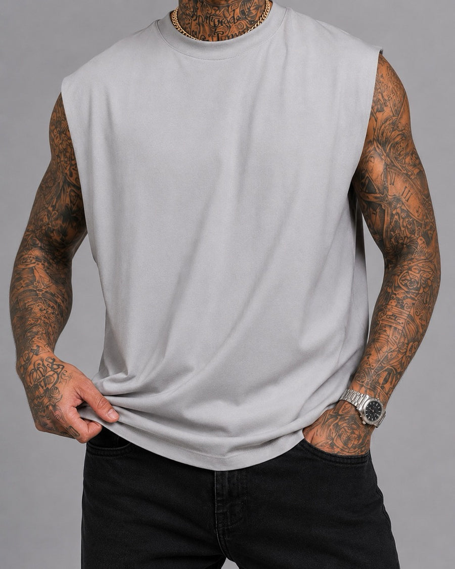 T-shirt smanicata grigio ghiaccio in tinta unita