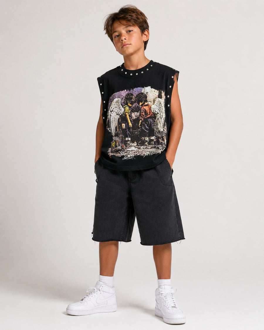 T-shirt smanicata nera con stampa angeli e borchie 10-16 anni