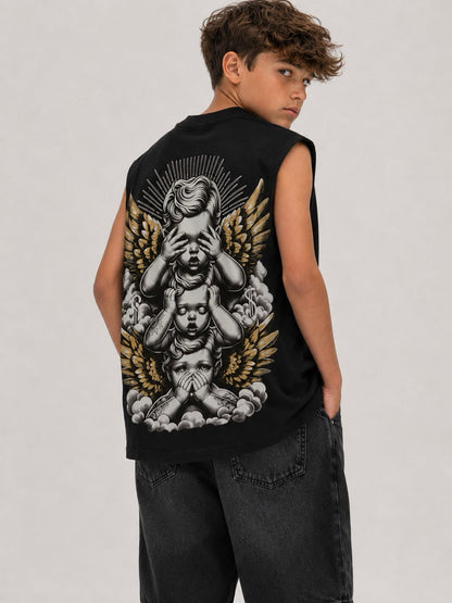 T-shirt smanicata nera con stampa angeli sul retro 10-16 anni