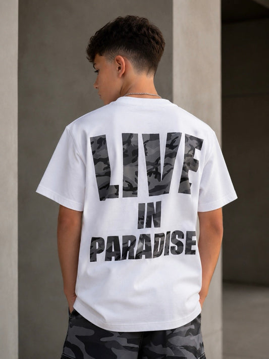 T-shirt bianca con stampa retro LIVE IN PARADISE 10-16 anni