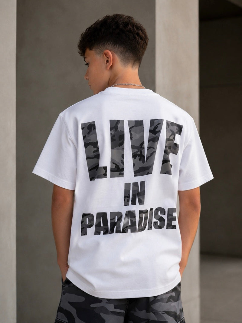 T-shirt bianca con stampa retro LIVE IN PARADISE 10-16 anni