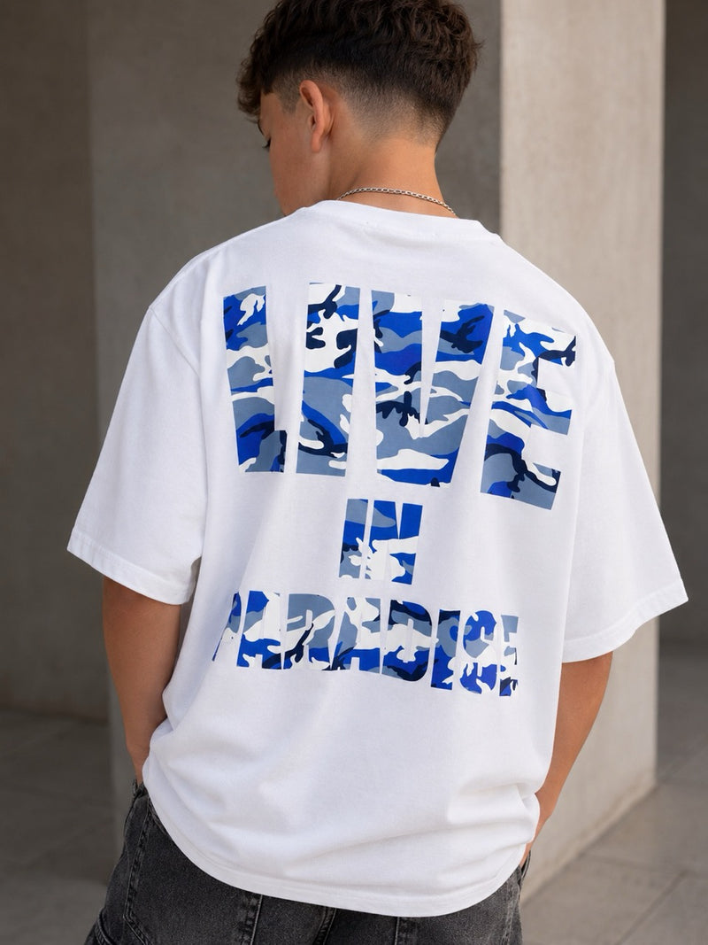 T-shirt bianca con stampa retro blu  LIVE IN PARADISE 10-16 anni