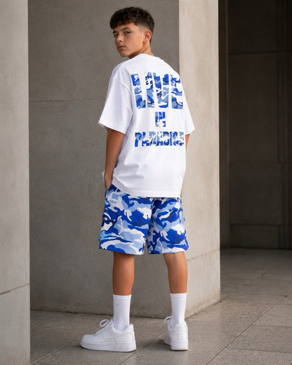 T-shirt bianca con stampa retro blu  LIVE IN PARADISE 10-16 anni