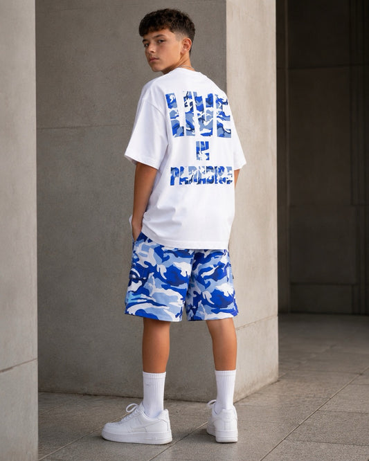 T-shirt bianca con stampa retro blu  LIVE IN PARADISE 10-16 anni