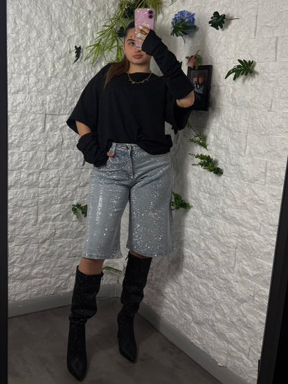Bermuda in jeans con brillantini modello jogger
