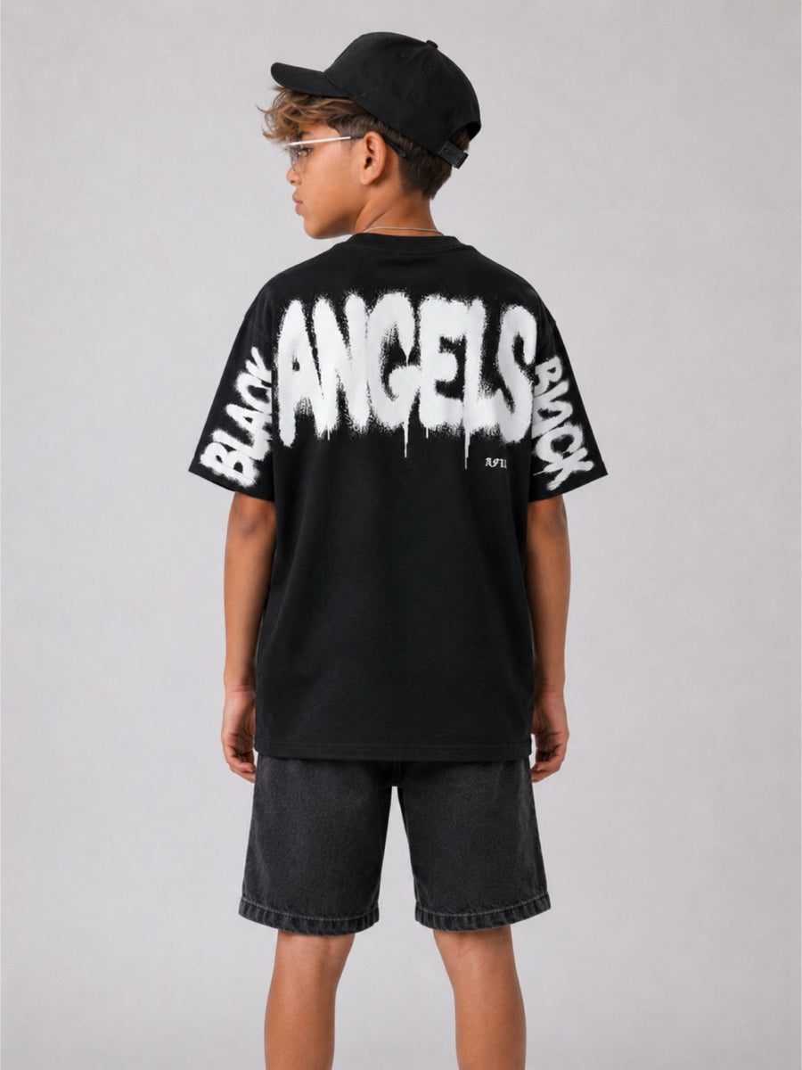 T-shirt nera con stampa "BLACK ANGELS BLACK" 10-16 anni