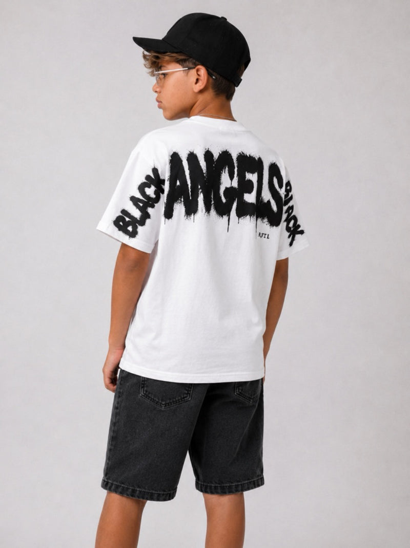 T-shirt bianca con stampa "BLACK ANGELS BLACK" 10-16 anni