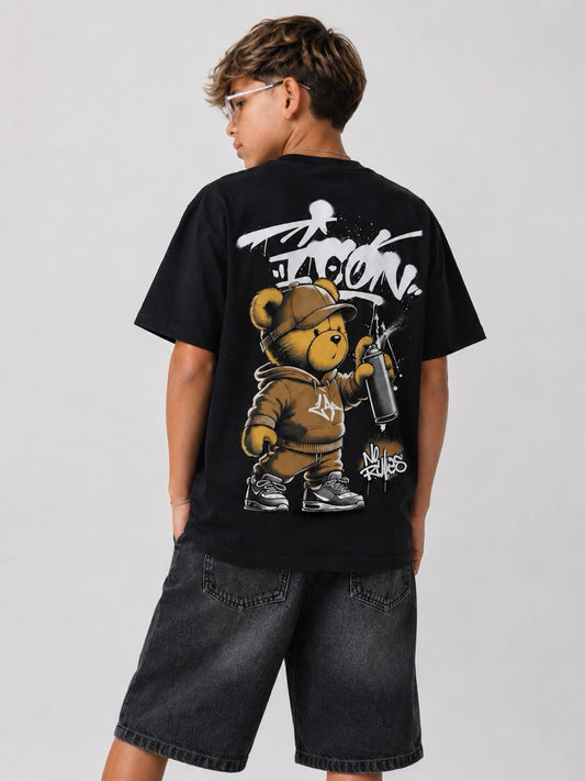 T-shirt nera con stampa orsetto sul retro 10-16 anni