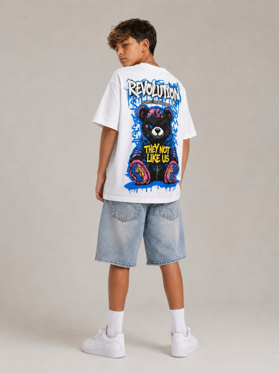 T-shirt bianca con stampa REVOLUTION e orsetto 10-16 anni
