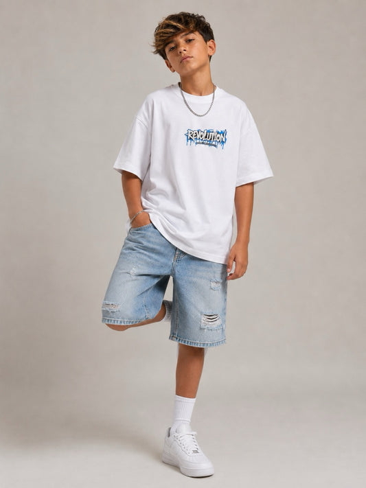 T-shirt bianca con stampa REVOLUTION e orsetto 10-16 anni
