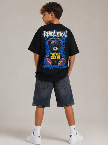 T-shirt nera con stampa REVOLUTION e orsetto 10-16 anni