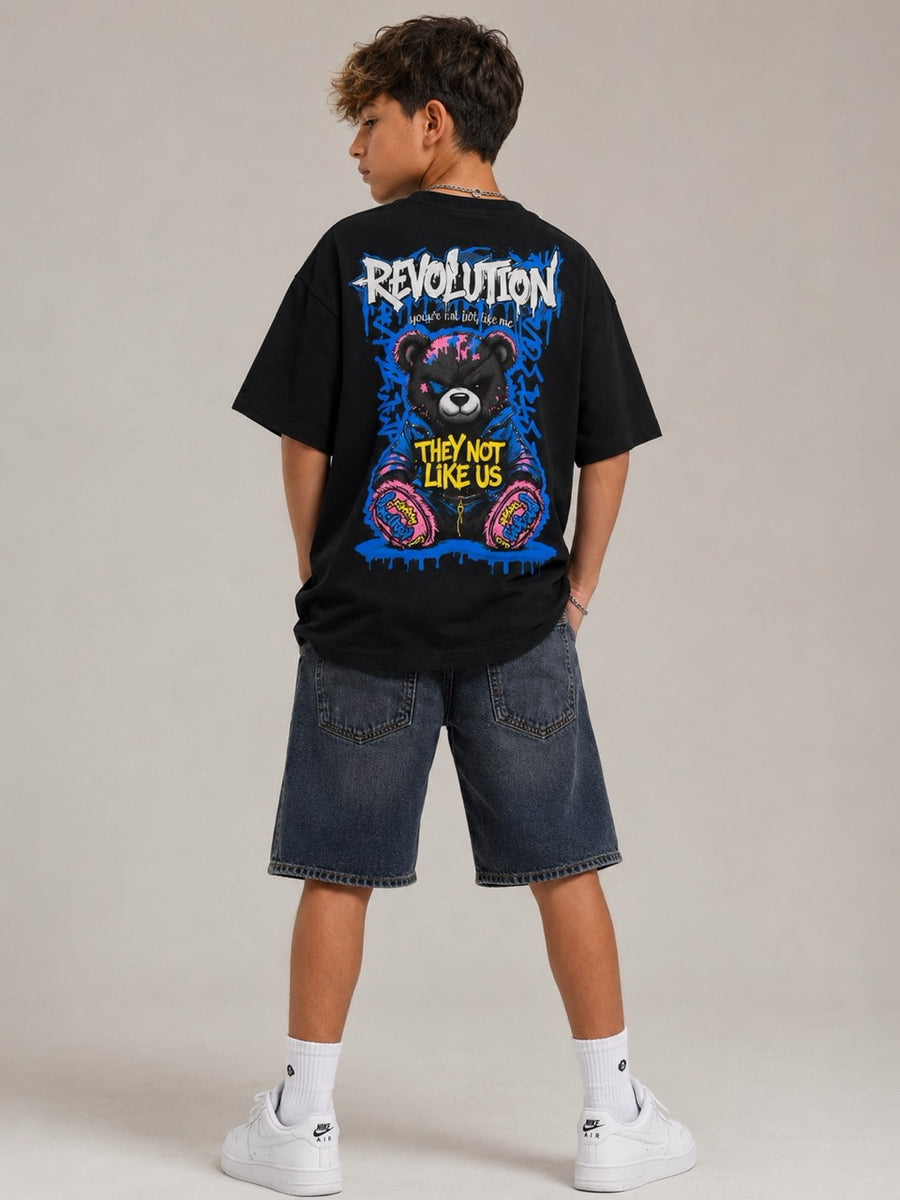 T-shirt nera con stampa REVOLUTION e orsetto 10-16 anni