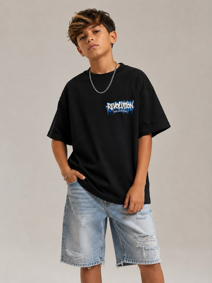 T-shirt nera con stampa REVOLUTION e orsetto 10-16 anni