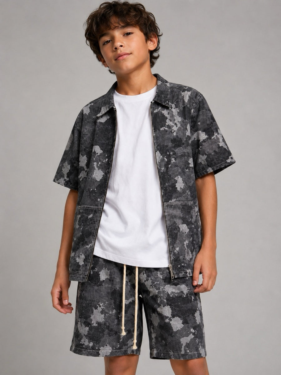 Completo  grigio camouflage con camicia zip e bermuda 10-16 anni