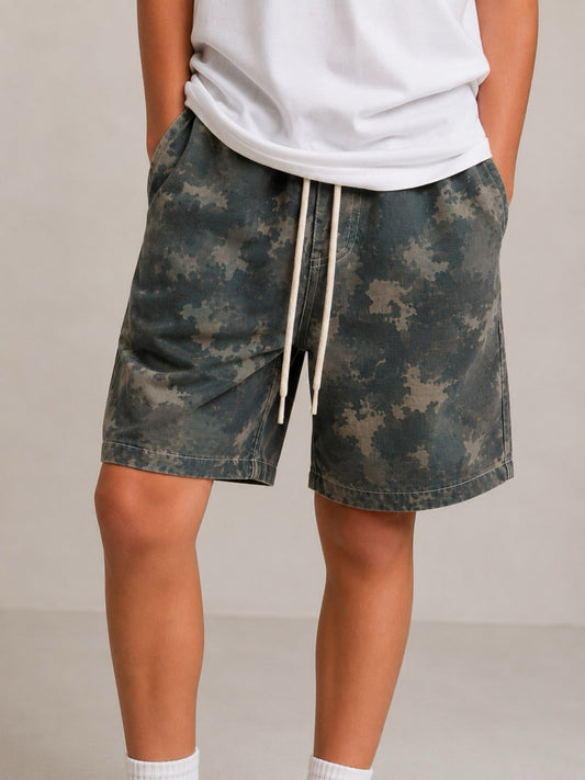 Completo verde camouflage con camicia zip e bermuda 10-16 anni