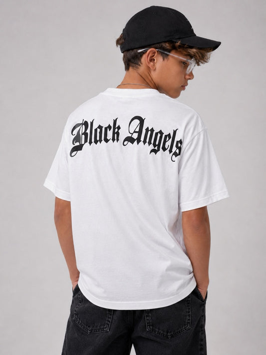 T-shirt bianca con scritta gotica Black Angels - OVERSIZE 10-16 anni