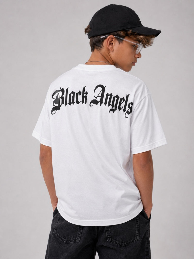 T-shirt bianca con scritta gotica Black Angels - OVERSIZE 10-16 anni