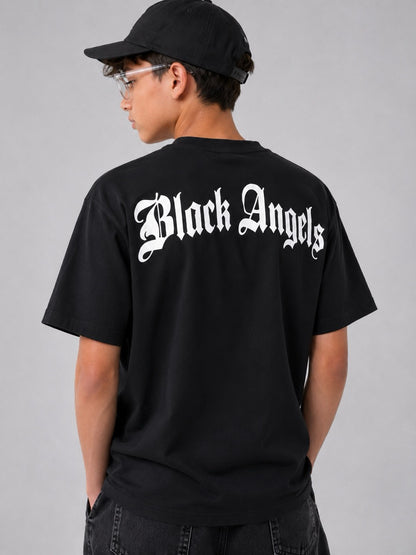 T-shirt nera con scritta gotica Black Angels - OVERSIZE 10-16 anni