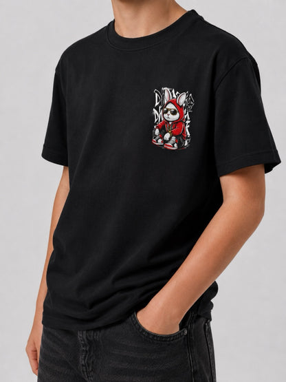 T-shirt nera con stampa coniglio fronte e retro  OVERSIZE 10-16 anni
