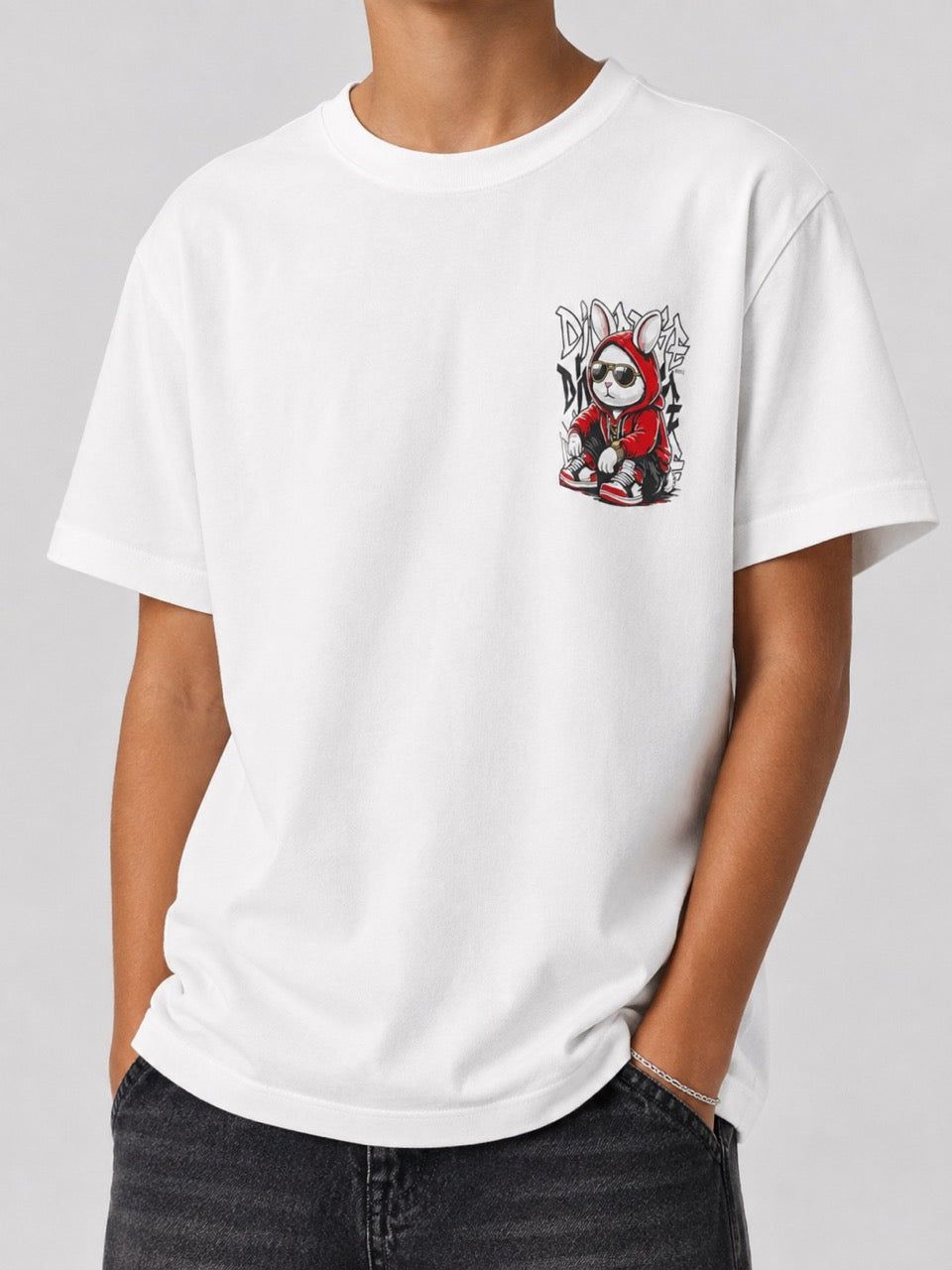 T-shirt bianca con stampa coniglio fronte e retro - OVERSIZE 10-16 anni