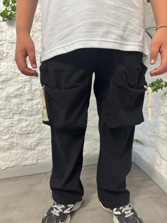 Pantalone cargo a costine nero con tasconi - GARZATO 10-16 anni