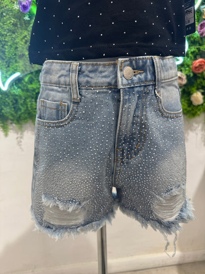 Short in denim con brillantini e strappi 4-14 anni