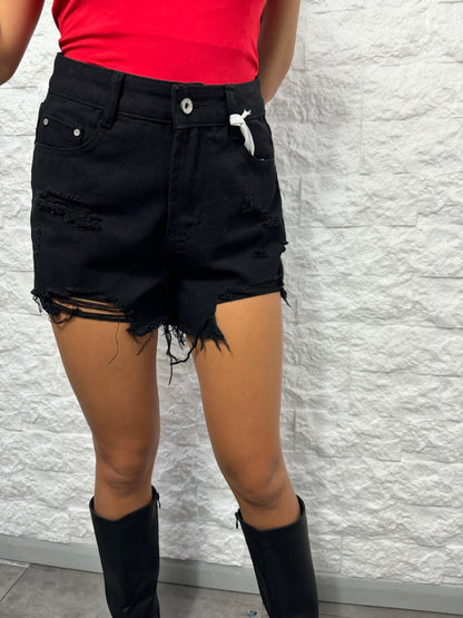Short in denim nero con strappi