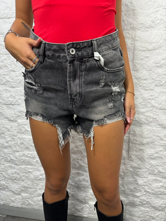 Short in denim grigio con strappi