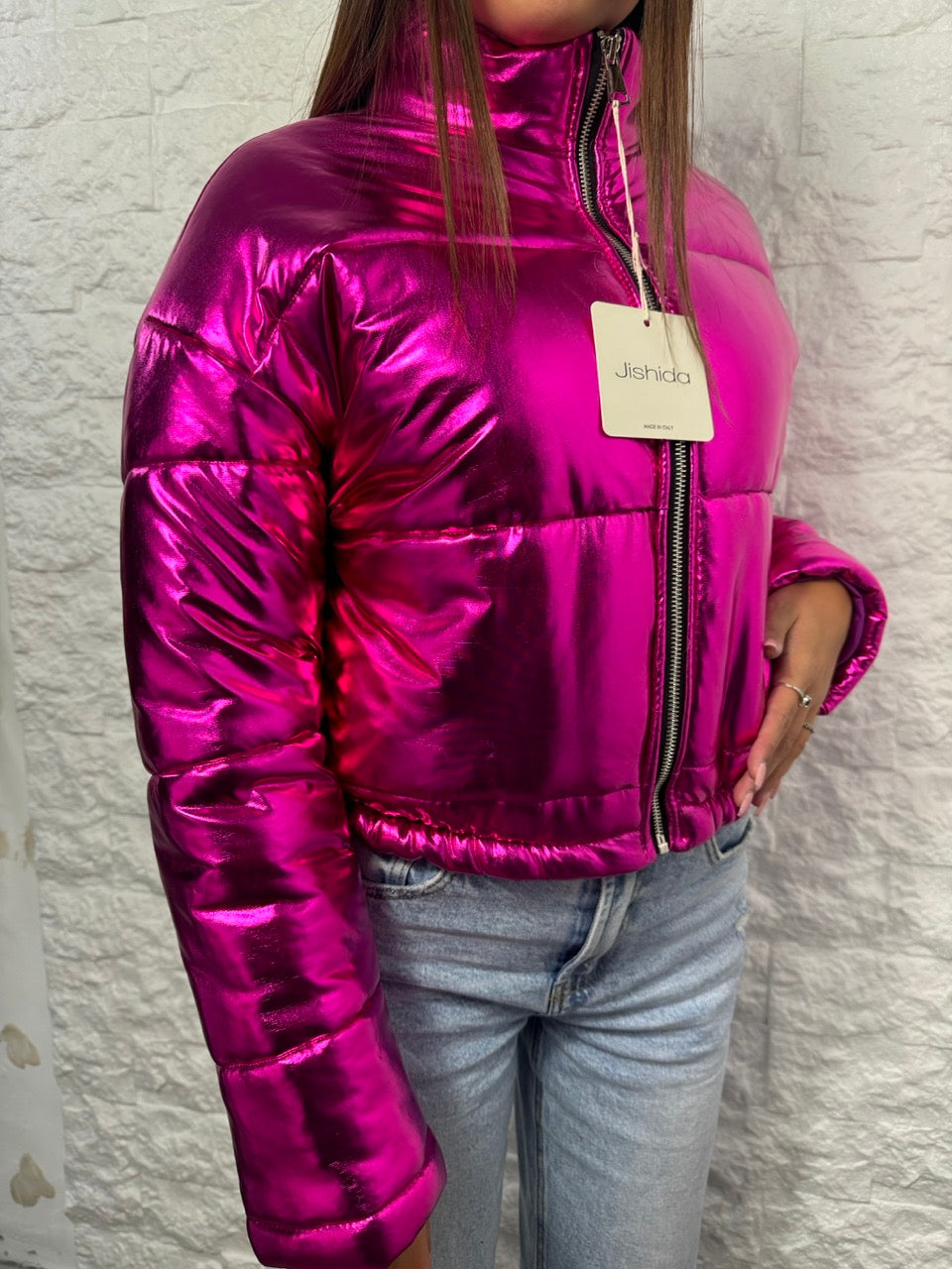 Bomber fucsia in tessuto laminato lucido