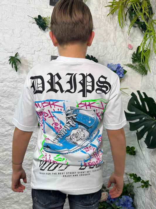 T-shirt bianca con stampa "DRIPS" e sneaker fluo 10-16 anni