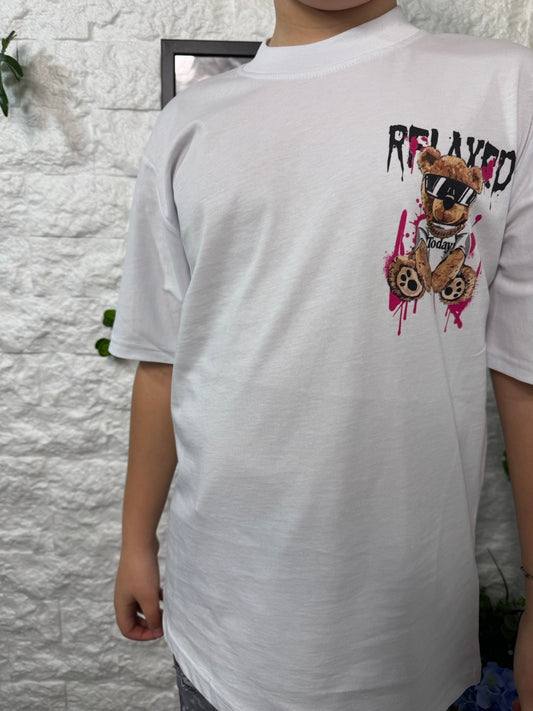 T-shirt bianca con stampa orso e scritta "RELAXED" fucsia 10-16 anni