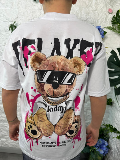 T-shirt bianca con stampa orso e scritta "RELAXED" fucsia 10-16 anni