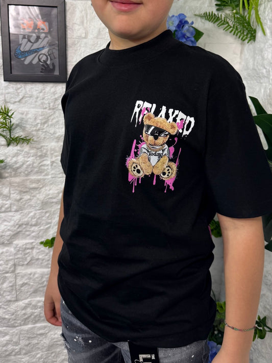 T-shirt nera con stampa orso e scritta "RELAX" fucsia 10-16 anni
