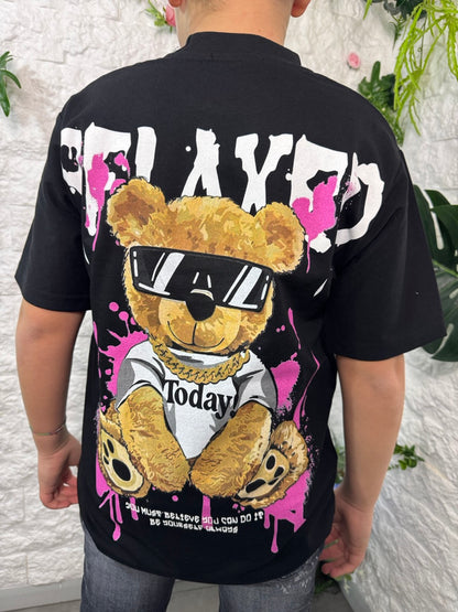 T-shirt nera con stampa orso e scritta "RELAX" fucsia 10-16 anni