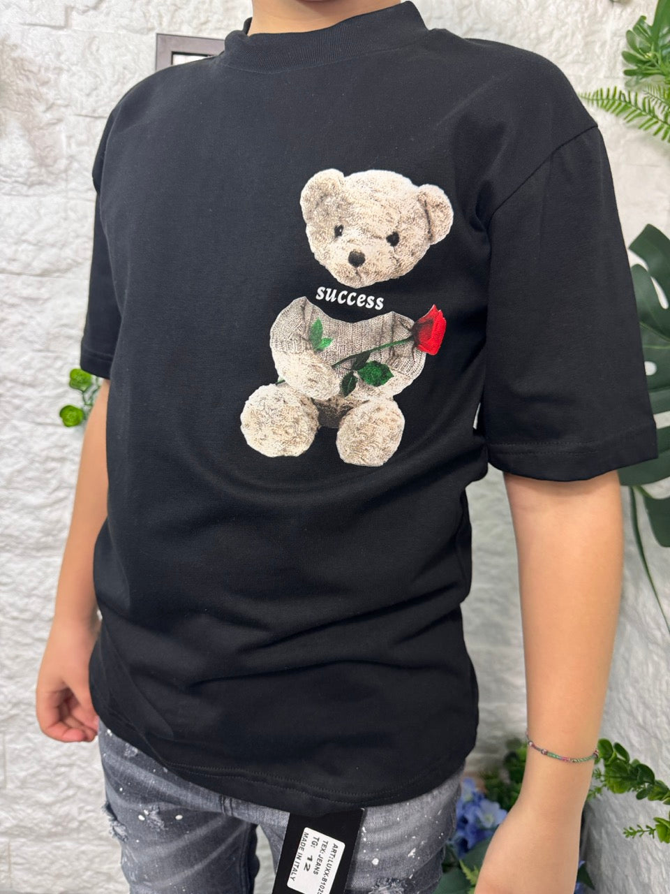 T-shirt nera con stampa orso e scritta "SUCCESS" 10-16 anni
