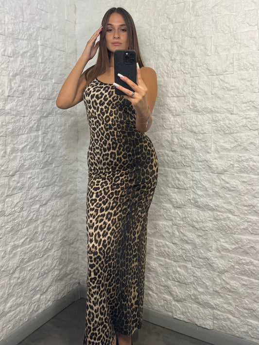 Abito tubino lungo leopardato con strass e spacco laterale
