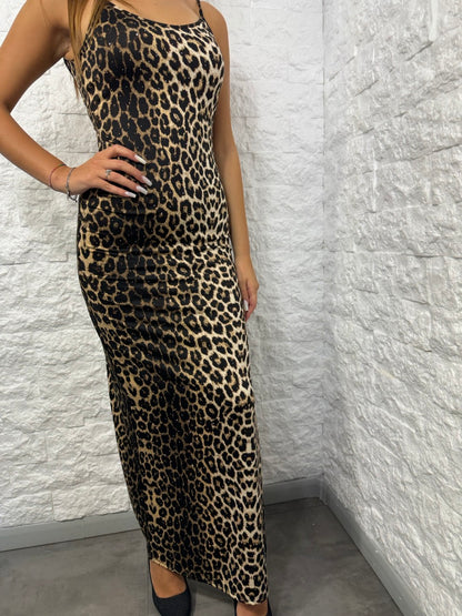 Abito tubino lungo leopardato con strass e spacco laterale