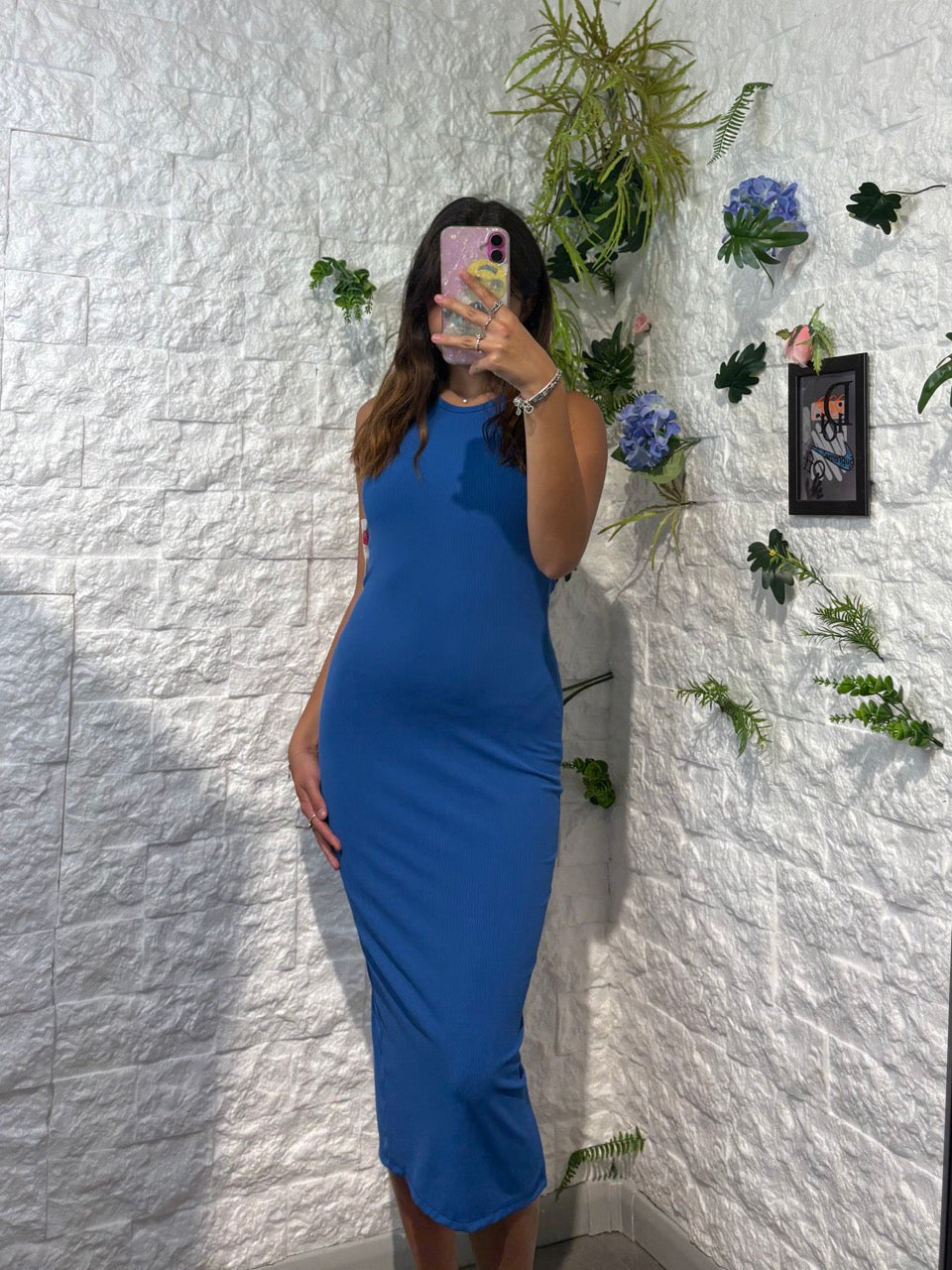 Abito tubino lungo a costine con spalline sottili e spacco posteriore