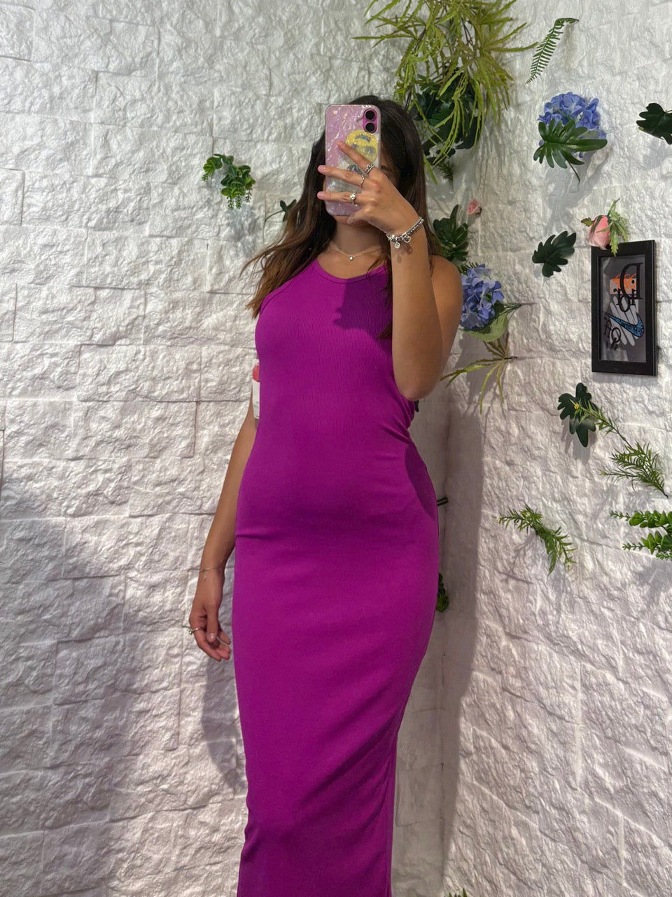 Abito tubino lungo a costine con spalline sottili e spacco posteriore