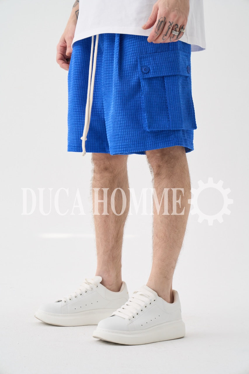 Pantaloncino cargo blu a quadri in tessuto leggero estivo