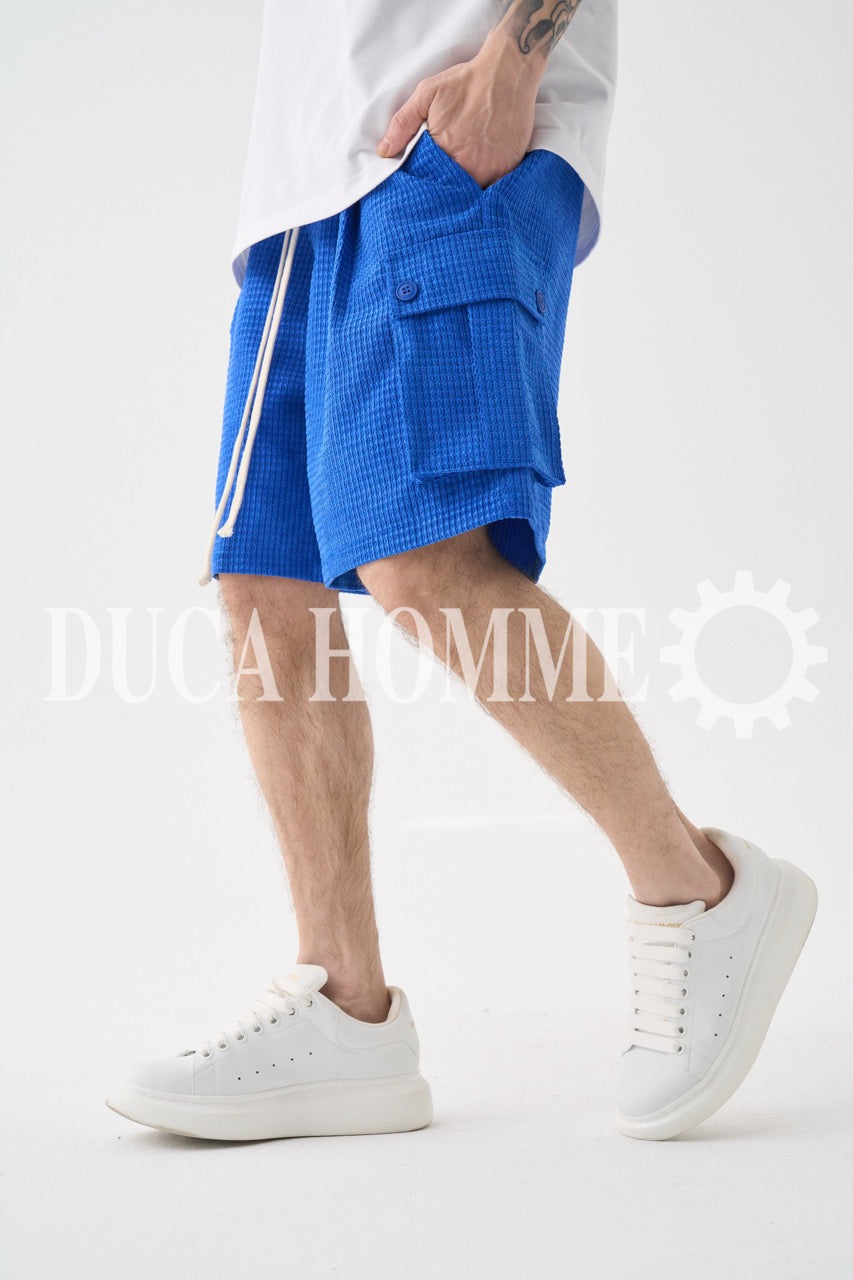 Pantaloncino cargo blu a quadri in tessuto leggero estivo
