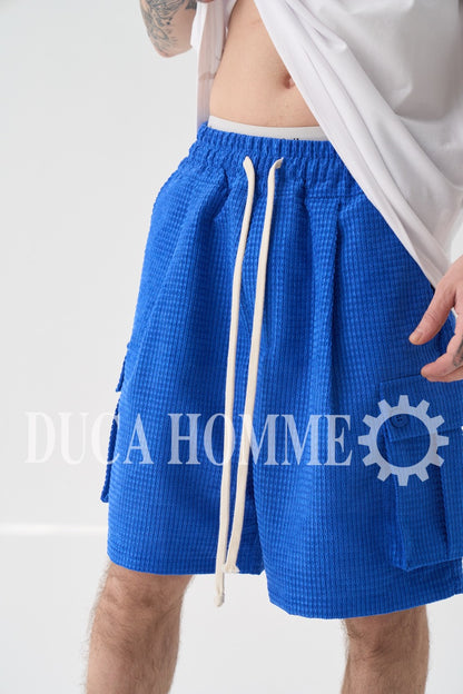 Pantaloncino cargo blu a quadri in tessuto leggero estivo