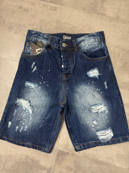 Pantaloncino bermuda blu in denim con strappi e schizzi di vernice - MOD DSQ
