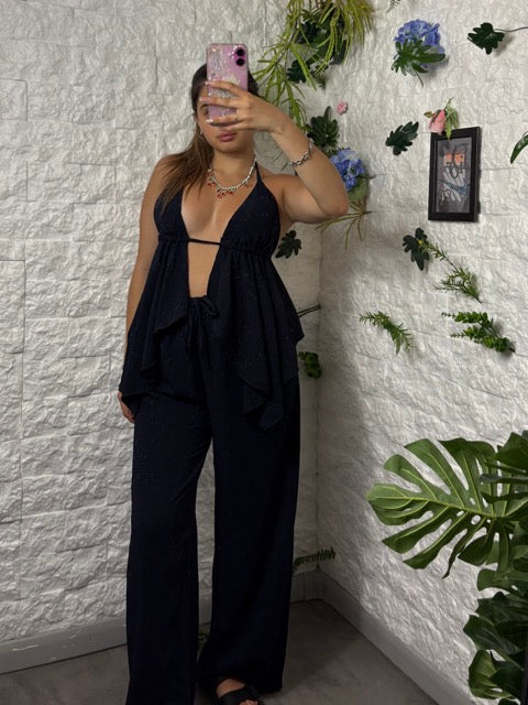 Completo top con volant e pantalone lungo in simil lino